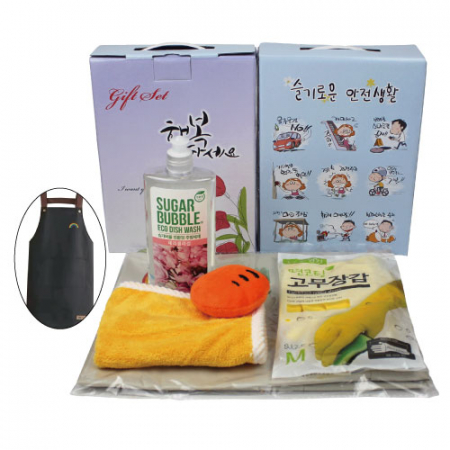 방수 앞치마+면코팅 고무장갑+슈가버블 친환경 주방세제+캐릭터 핸드타올 4종세트 #2