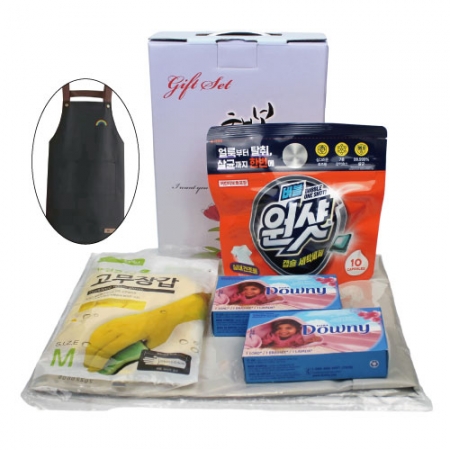 방수 앞치마 + 면코팅 고무장갑 + 원샷 캡슐세제 + 다우니 섬유유연제 5종세트 #2