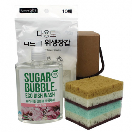 양면 떡수세미 + 슈가버블 주방세제 + 니트릴 장갑 4종 세트 #2