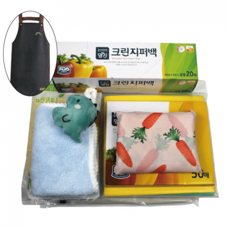 방수 앞치마 + 접이식 장바구니 + 크린지퍼백 + 크린장갑 + 부직포 행주 + 면코팅 고무장갑 + 캐릭터 주방타올 7종 세트 #2