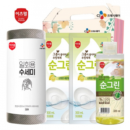 CJ 뜯어쓰는 수세미 30매 순그린 주방세제 320ml (용기) 순그린 주방세제 (리필) 2개입 4종세트 #2