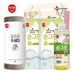 CJ 뜯어쓰는 수세미 30매 순그린 주방세제 320ml (용기) 순그린 주방세제 (리필) 2개입 4종세트
