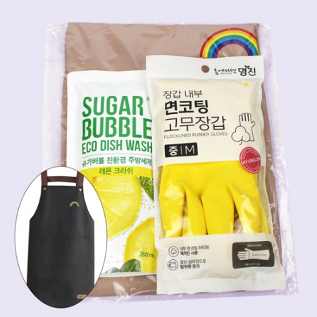 방수 앞치마 + 슈가버블 주방세제 리필 280ml + 면코팅 고무장갑 주방용품 3종세트 #2