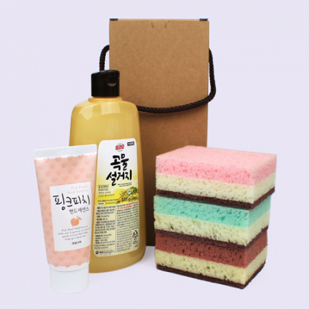 곡물설거지 주방세제 500g + 과일나라 핸드에센스 + 삼색 양면 떡수세미 5종세트 #2