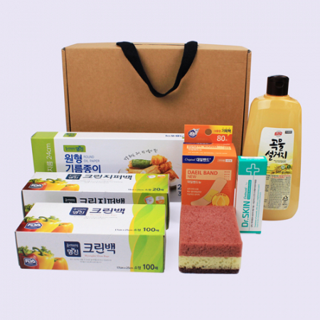 곡물설거지 주방세제 500g + 대일밴드 80매 + 닥터스킨연고 + 원형 기름종이 + 크린지퍼백 + 크린백 + 삼색양면 떡수세미 7종 #2