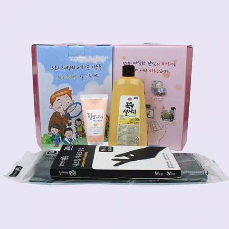 곡물설거지 주방세제 500ml + 과일나라 핸드에센스 + 니트릴 다용도장갑 + 오버핏 고무장갑 4종-어려운이웃 케이스 #2
