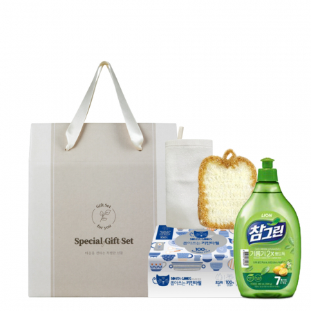 더마음가는선물set 키친타올 참그린주방세제480ml 식빵수세미 45g행주 4종 #2