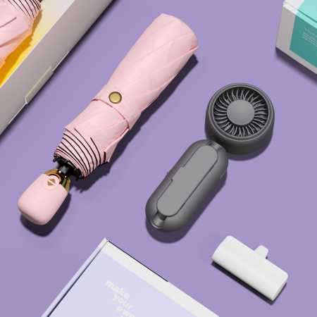 루티네 선물세트 마카롱 자동 암막 양우산 + 우산애착 미니 선풍기 + 보조배터리 #2