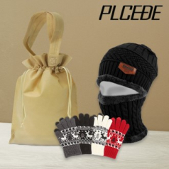 플씨드 겨울 3종 복주머니 파우치 B세트 (기모 니트 비니, 넥워머 세트+스마트 터치 사슴장갑)
