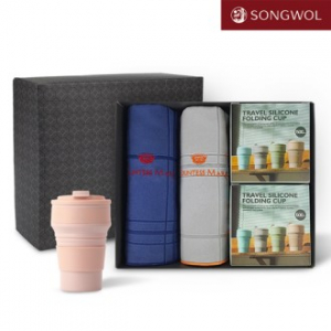 송월타올 리빙 기프트세트 24 송월 CM모던체크스포츠타올 2P + 실리콘텀블러500ml 2P