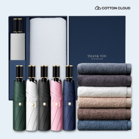 코튼클라우드 호텔수건 200g 1P + UV차단 수동 심플온 암막 3단 양우산 세트 #2