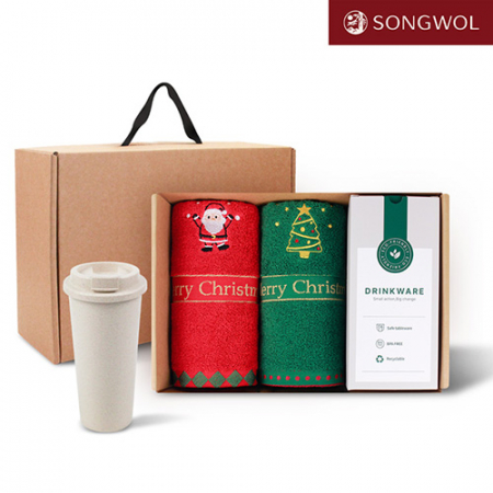 송월타올 리빙 기프트세트 25 메리크리스마스 타올 140g 2P 커피가루텀블러 630ml 1P 기프트 세트 #2