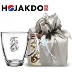 한국전통 에디션 호작도 드로잉 글라스 머그컵 385ml 책갈피 북마크 보자기 선물포장 기념품