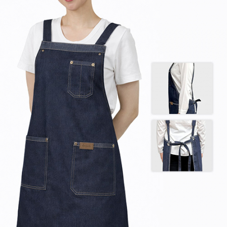남자 여자 주방 공방 포인트 청 데님 X형 앞치마 #2