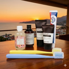 나드 선크림 + 클렌징폼 + 트리트먼트 + 부케가르니 샴푸 + 덴티메이트 치약 + 미세모 칫솔2개 + 여행용파우치