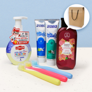 랩신 핸드워시 + LG온더바디 바디워시 + 애경 2080 퓨어치약 125g 2개 + 부케가르니 미세모칫솔 3개