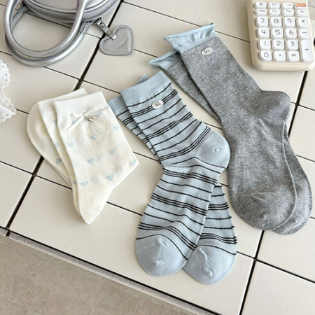 룩앳걸 파스텔 하트 리본 자수 중목양말 5켤레 세트 #3