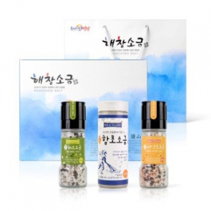 해창소금 구운소금 태양초 + 허브 캠핑용 그라인더 2종 + 함초소금 180g 선물세트 1호