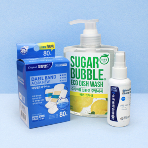 가정 필수품 대용량 대일밴드 아쿠아 방수 혼합 80 매 +스프레이 에탄올 + 슈가버블 주방세제 470ml