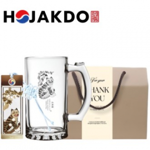 한국전통 에디션 호작도 드로잉 글라스 맥주잔 비어 머그컵 500ml 책갈피 북마크 기념품
