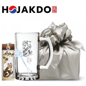 한국전통 에디션 호작도 드로잉 글라스 맥주잔 비어 머그컵 500ml 책갈피 북마크 보자기 선물포장 기념품