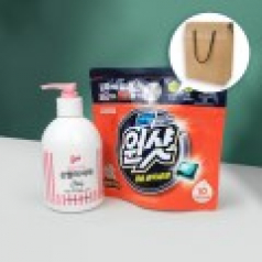 애경 울샴푸 손빨래 세제 380ml  펌프형 + 슈가버블 버블원샷 캡슐세제 + 크라프트 끈케이스