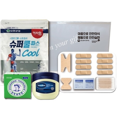 유한양행 슈퍼쿨파스1팩+안티푸라민+바세린50ml+구급밴드세트면봉22p 4종세트 #5