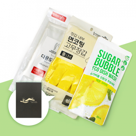 다용도 앞치마 2매 + 면코팅 고무장갑 + 슈가버블 주방세제 리필 280ml + 종이케이스 #3