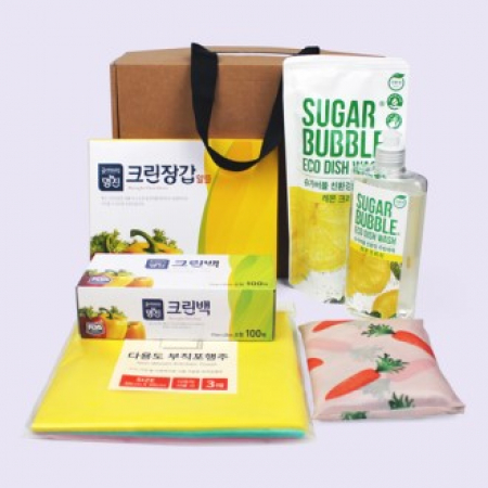 접이식 장바구니 + 부직포 행주 + 크린백 + 크린장갑 + 슈가버블 주방세제 용기 280ml + 리필 280ml 6종세트 #2