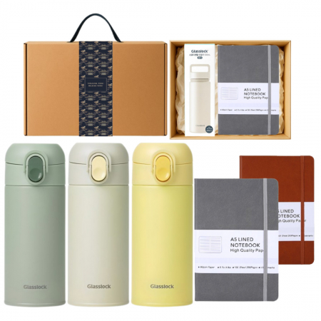 글라스락 플레인 원터치 텀블러 350ml + A5 가죽 다이어리 고급띠지 손잡이 기프트박스세트 #3