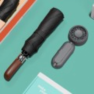 루티네 선물세트 프리미엄 우드 자동 암막 양우산 + 우산애착 미니 선풍기